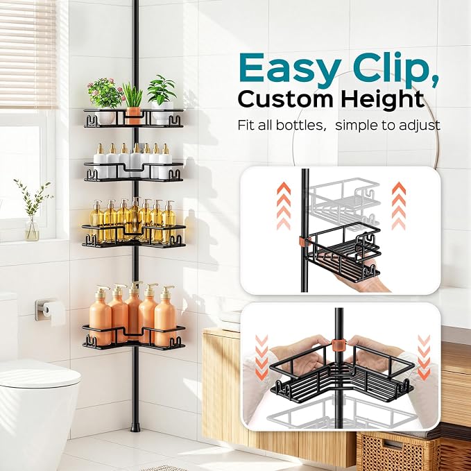 HAMITOR Shower Caddy Tension Pole: 4-Tier Adjustable Corner Bathroom Organizer - Heavy Duty Rustproof L-Shaped Shelves- No Drilling Space-Saving Storage Rack for Family & Renters- 47-123 inch Black