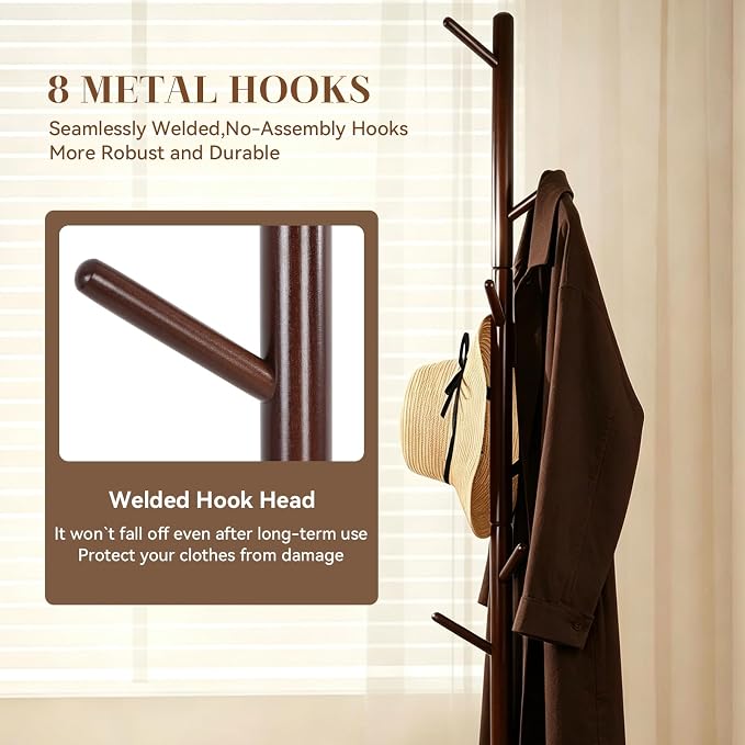 Wooden Coat Rack Freestanding, Corner Bag Purse Coat Hat Rack Tree Hanger Stand Holder Wood Modern Entryway Office Decor Furniture for Small Spaces Standing Heavy Duty Clothes Clothing Rack Hall Tree