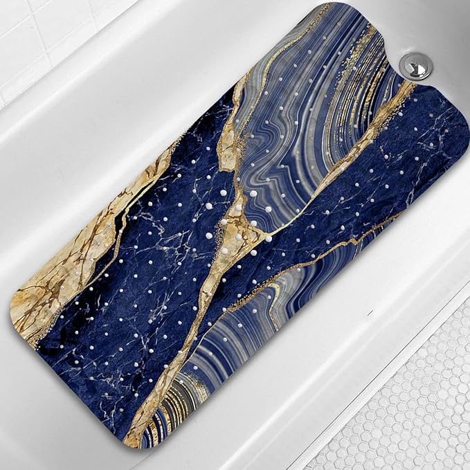 Bathtub Mat Non Slip, 40x16 inch Bath and Shower Safety Mats, Blue Marble and Golden Veins Tub Mat for Bathroom, Tub Shower Mat with Drain Holes and Suction Cups