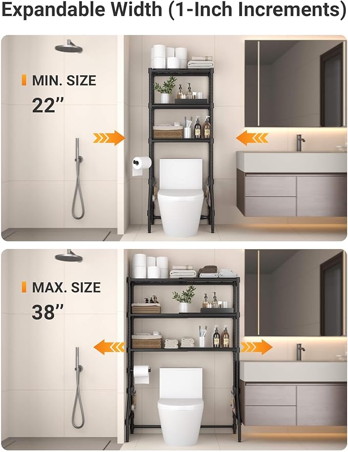 Over The Toilet Storage Rack with Expandable 3-Tier Adjustable Height & Width (22"-38") Bathroom Organizer Shelves Space Saver Above Toilet Over Washer and Dryer Shelf for Laundry Room
