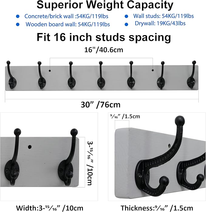 WEBI Rustic Coat Rack Wall Mount,30" Long 7 Cast Iron Coat Hooks Wall Mounted,Heavy Duty Wood Wall Coat Hanger Hooks for Hanging Coats,Jacket,Clothes,Backpack,Farmhouse,Gray