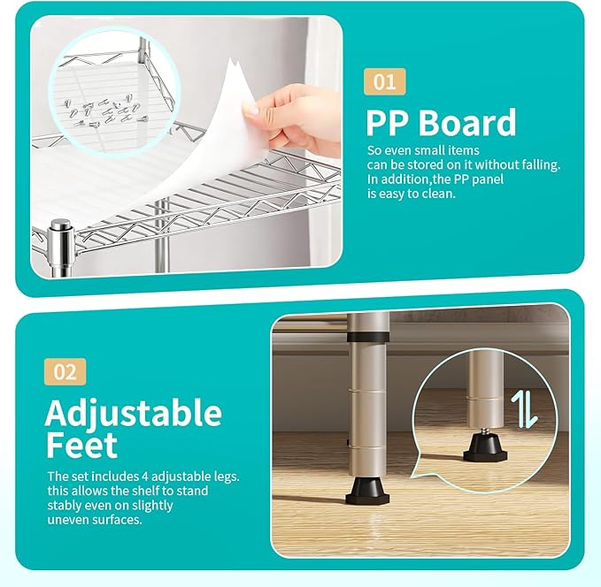 BestOffice | 4-Tier Wire Storage Shelves | 12"D x 18"W x 44"H | Chrome | with Adjustable Racks PP Liners | Compact Metal Shelf, Holds Upto 600 lbs | Ideal for Kitchens Closets Bathrooms Small Corners