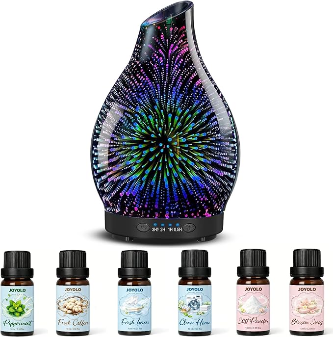 Essential Oil Diffuser & Essential Oils Set, Glass Aromatherapy Diffuser with 7 LED Colors, 6 Oils Gift Pack (Clean Home, Peppermint, Blossom Soapy, Soft Powder, Fresh Cotton, Fresh Linen)