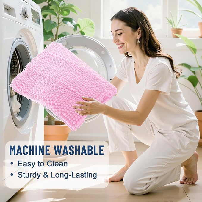 Grandaily Chenille Striped Bathroom Rugs 24x16, Extra Thick and Soft Absorbent Bath Mats, Rubber Backing, Plush Shaggy Shower Carpet, Machine Wash Dry, Bath Rug for Bathroom, Light Pink