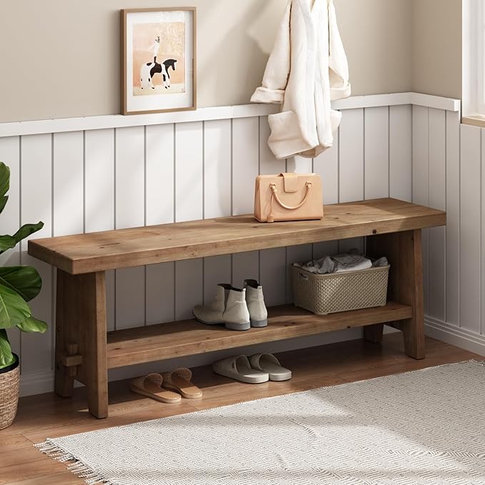 HOKYHOKY Solid Wood Entryway Bench - 51.2" Farmhouse Long Storage Bench, Rustic Narrow Bench Seat for Indoor, Entryway, Dining Room, Living Room and Hallway, Brown