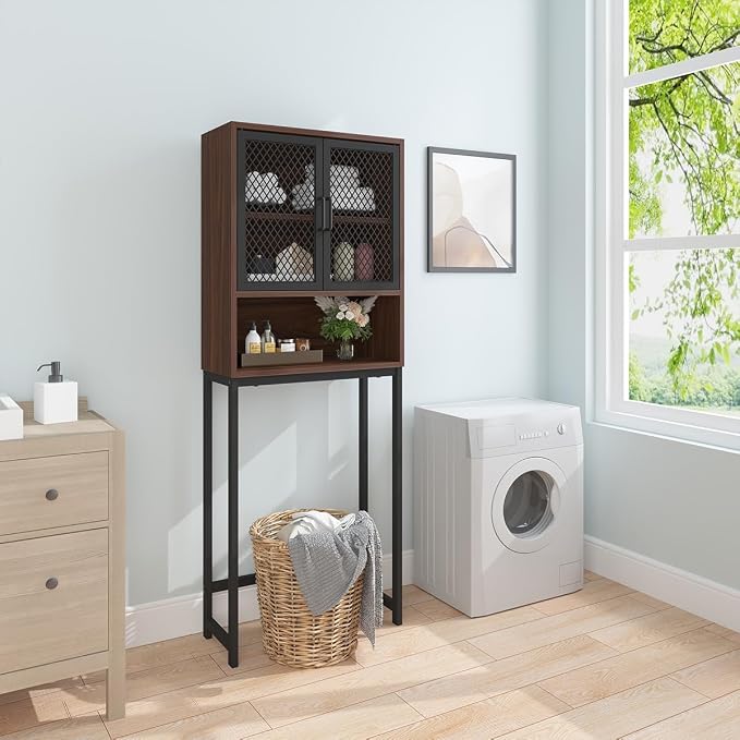 Launica Over the Toilet Storage Cabinet, Over Toilet Bathroom Organizer with Mesh Doors and Shelves, Freestanding Bathroom Storage Cabinet Above Toilet, Wood and Metal, Walnut