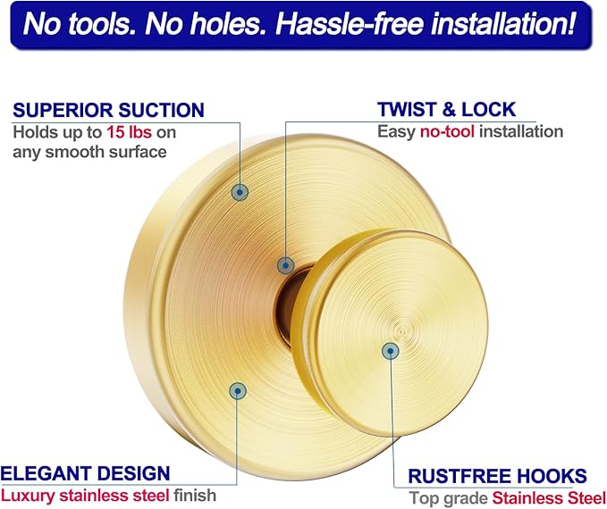 Bntuk Suction Cup Hooks for Shower, Removable Towel Hooks for Bathroom Window Glass Door Wall, Bath Robe Looafh Hook for Hanging - 4 Pack, Gold