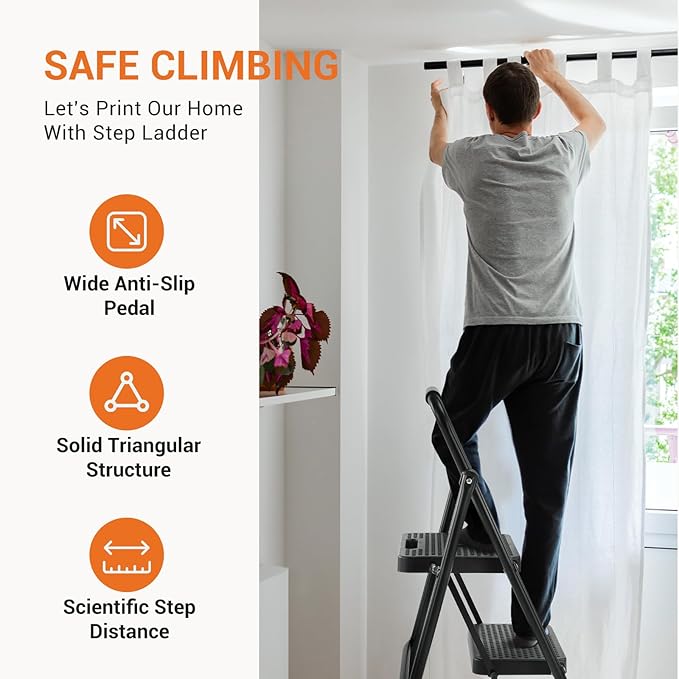 Sweetcrispy Folding 2 Step Ladder Stool - Lightweight, 800lbs Sturdy, with Anti-Slip Feet - Perfect for Home, Kitchen, and Office Use, Easy Storage and Portable Design, Black