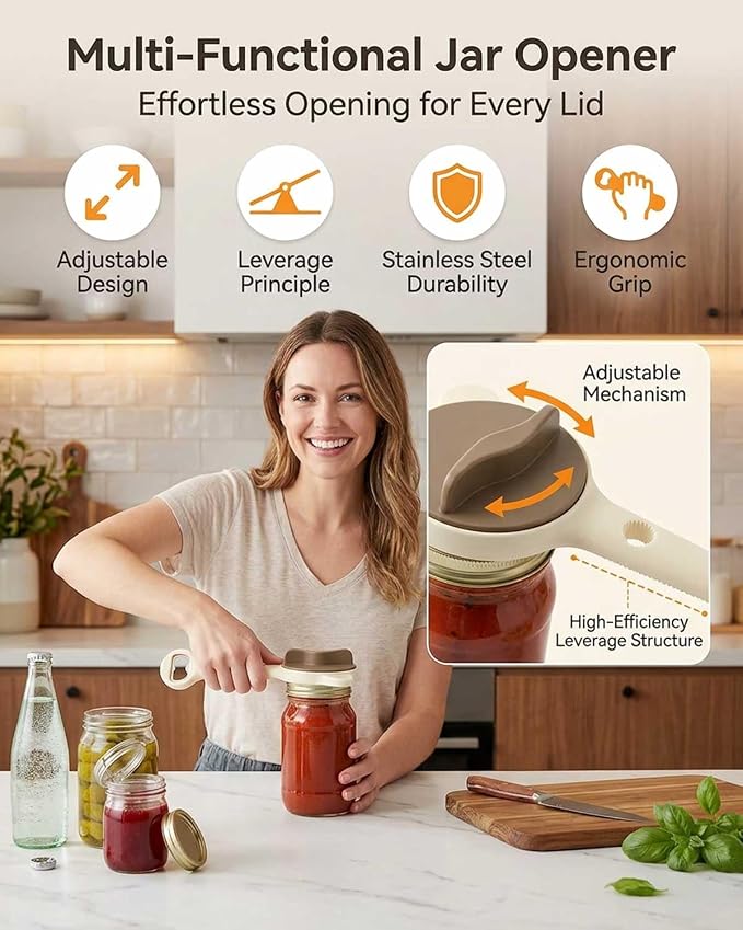 Jar Opener – 4-in-1 Adjustable Stainless Steel Secure Grip Lid Remover for Jars, Bottles & Cans, Multifunctional Kitchen Tool