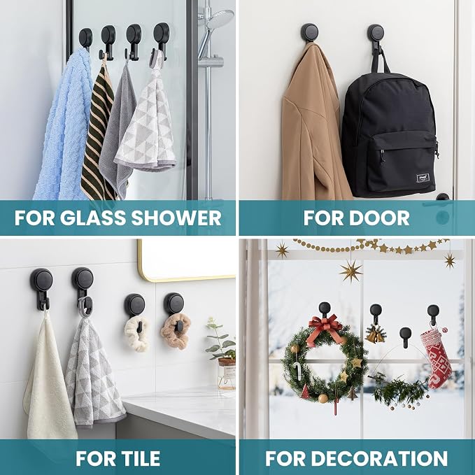 TAILI 4 Pack 360° Rotatable Powerful Suction Cup Shower Hooks for Towel, Loofah, Damage-free Hanging Versatile Wall Hooks for Inside Bathroom, Decoration, Removable Suction Holders, Easy to Use, Black