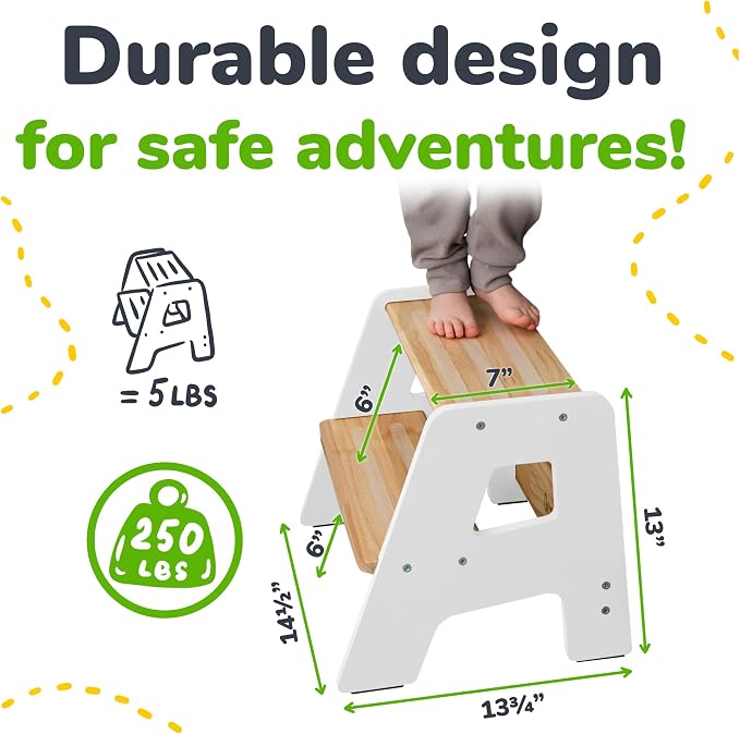 OCODILE 2-Step Wooden Step Stool for Toddlers | Kids Stool for Bathroom Sink & Kitchen Use | Non-Slip Step | Wooden Stool for Children Ages 2+ Years White