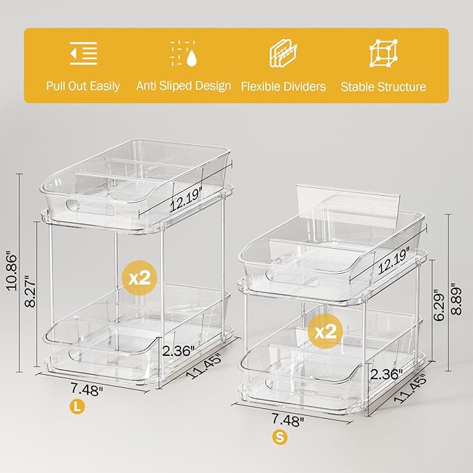 Delamu 2-Tier Under Sink Organizers and Storage, Multi-Purpose Stackable Bathroom Cabinet organizers, Pull Out Kitchen Pantry Organization and Storage with Dividers(4 Pack, Clear)