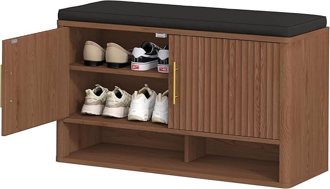 Fluted Shoe Storage Bench with Cushion, Entryway Bench with Adjustable Shelves and Open Bottom Shelf, 3-Tier Hidden Shoe Cabinet Storage for Entryway, Hallway, Living Room, Bedroom, Walnut