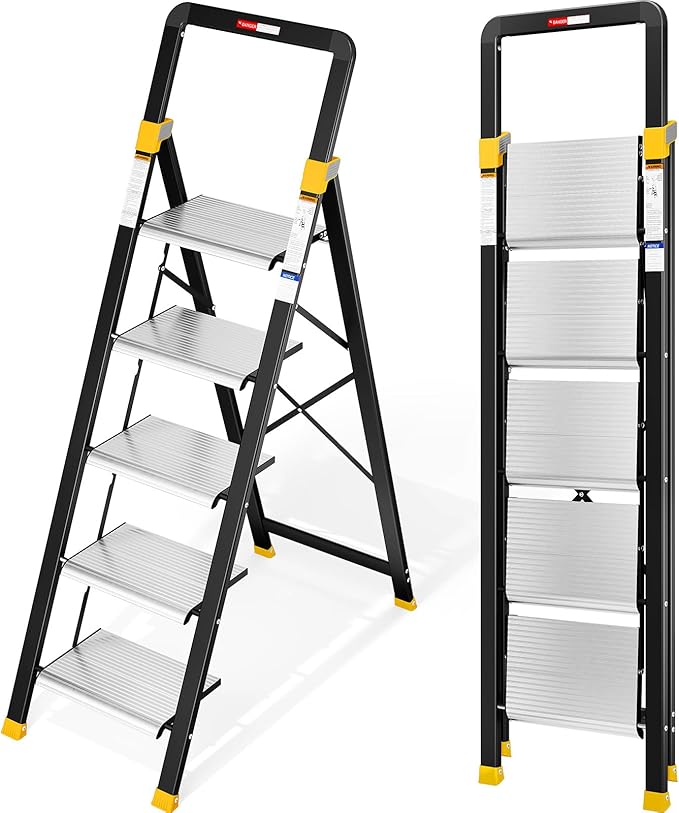 KINGRACK 5 Step Ladder, Aluminium Folding Step Stool with Anti-Slip Wide Pedals & Comfortable Handrail, 330lbs Load Capacity, Space Saving Design for Home & Kitchen, Sturdy and Portable, Silver