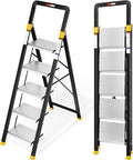 KINGRACK 5 Step Ladder, Aluminium Folding Step Stool with Anti-Slip Wide Pedals & Comfortable Handrail, 330lbs Load Capacity, Space Saving Design for Home & Kitchen, Sturdy and Portable, Silver