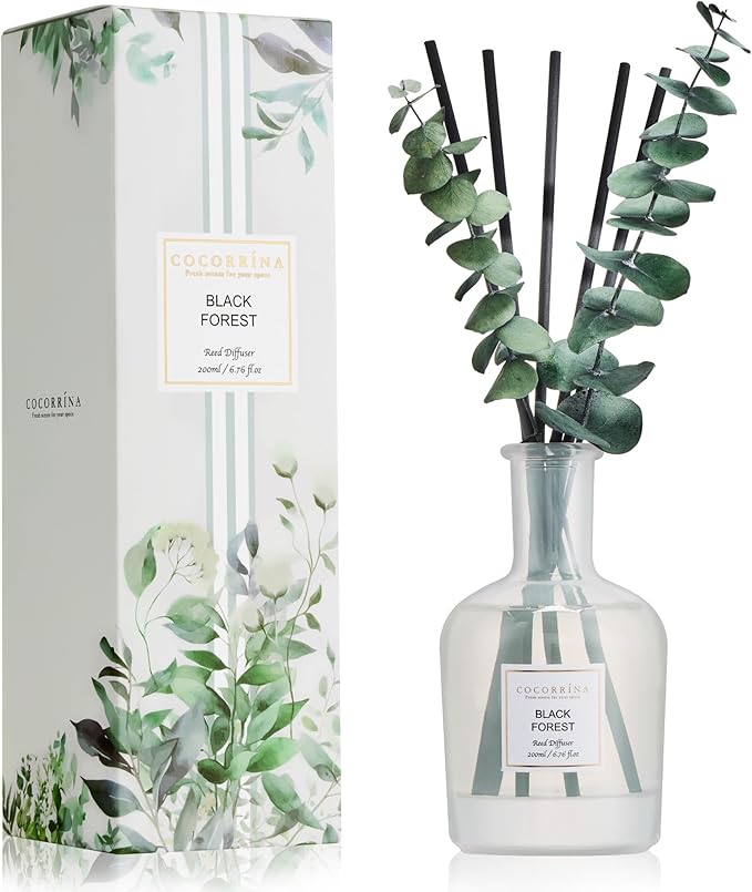 COCORRÍNA Black Forest Reed Diffuser – 6.76 oz Essential Oil with 8 Reeds & Real Eucalyptus Sticks, Home Fragrance for Bedroom or Bathroom Décor