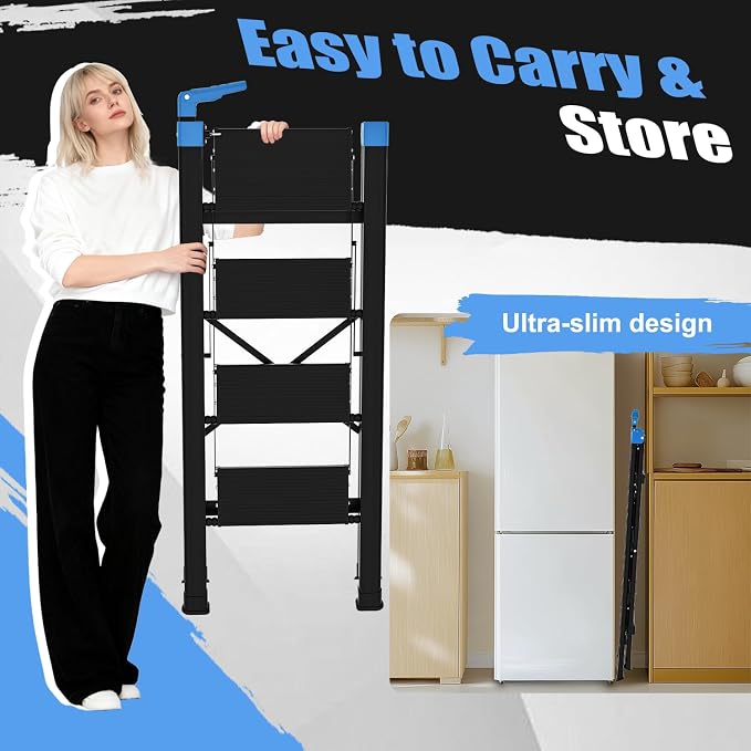 4 Step Ladder,Extendable Single-Handrail Lightweight Aluminum Step Ladder 4 Step Folding,600lbs Max Load Capacity for Household,Kitchen,Office (Blue)