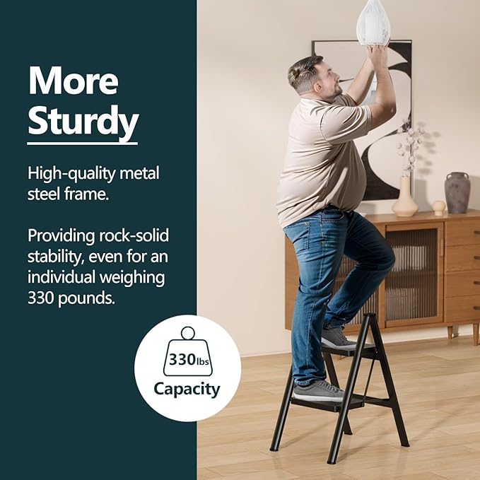 WOA WOA Step Ladder for Home, Foldable Step Stool for Kitchen with Non-Slip Pedals, Sturdy Ladders Supports up to 330 lbs, Compact and Portable - 2 Step/Black