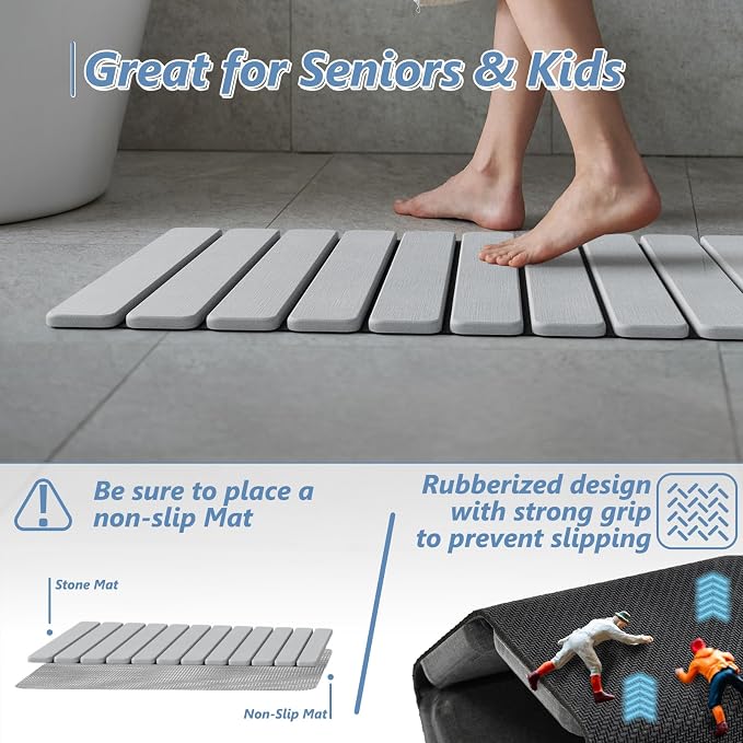 AWW Foldable Stone Bath Mat, Quick Dry Diatomaceous Earth Bath Mat with Non-Slip Mat, Super Absorbent, Easy to Clean, Compact for Small Bathrooms, 31.5 x 15.7, Light Grey