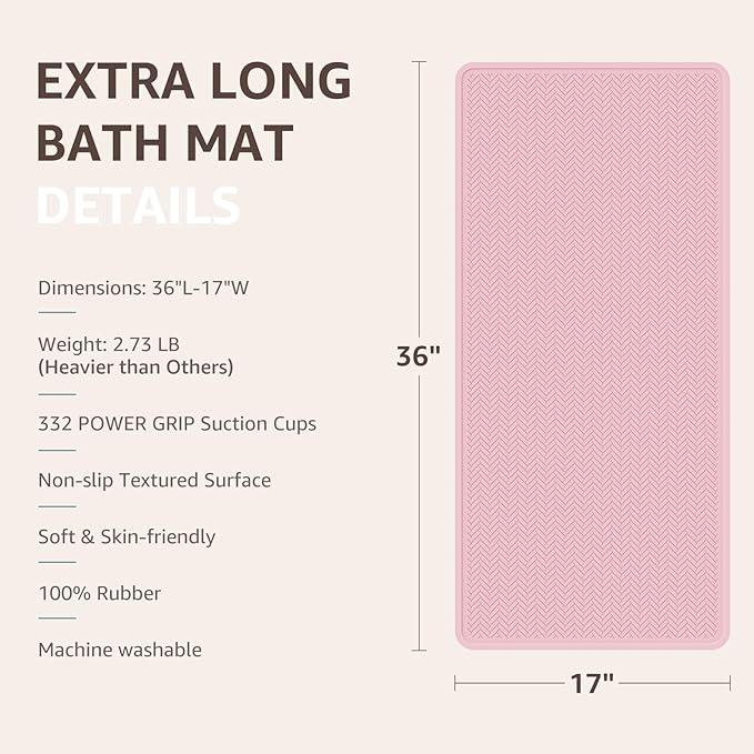 OTHWAY Bathtub Mat Non Slip, Extra Long Rubber Bath Mat for Tub, Machine Washable Shower Anti Slip Mat with 332 Strong Suction Cups (Pink, 36" x 17")