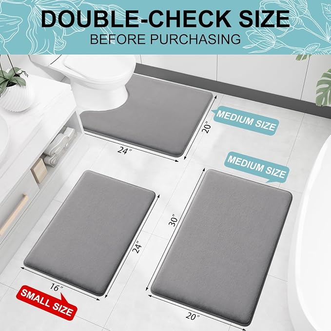 Smiry Memory Foam Bath Mat 36x24, Extra Soft and Absorbent Bathroom Mats, Non Slip Washable Carpet for Floor, Shower and Tub, Grey
