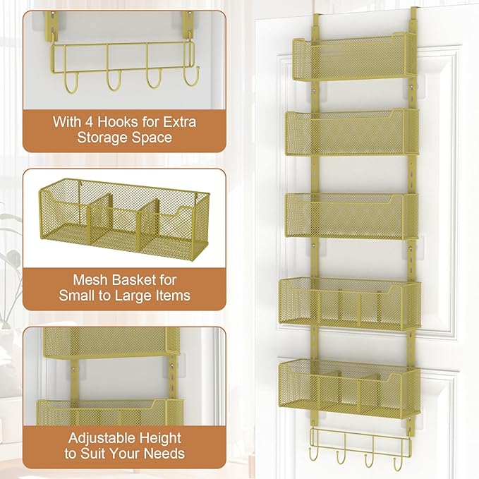 VyGrow Over The Door Organizer, Metal Door Organizer Hanging with 5 Adjustable Baskets and Coat Hook, Behind The Door Storage for Bedroom Closet Bathroom Pantry Cabinet Kitchen, Gold