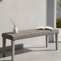 Outdoor Rattan Backless Bench, All-Weather Wicker & Solid Acacia Wood, Upholstered Premium Garden Bench with Woven Rattan Seat and Thick Outdoor Cushion for Patio, Porch, Living Room or Entryway