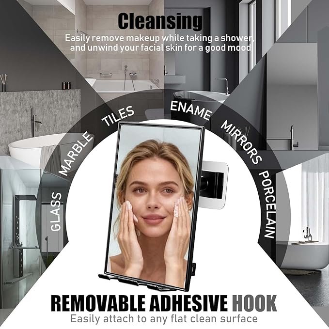 LFOYOU Shower Mirror for Shaving & Washing Your Face with a Squeegee - Built-in Two Razor Holder, 360°Rotation Adjustable Shaving Bathroom Mirror - Easy Install, Home Shower Accessory(Not Fogless)