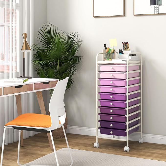 10-Drawer Rolling Storage Cart, Trolley w/Lockable 360° Wheels, 10 Removable PP Drawers, Sturdy Metal Frame, Rolling Utility Cart Perfect for Home, Office, Classroom (Gradient Purple)