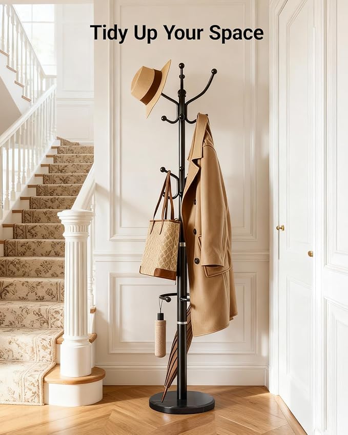 Pipishell Metal Heavy Duty Coat Rack with Sturdy Marble Base, Coat Tree with 16 Hooks & Detachable Umbrella Holder,Coat Rack Freestanding for Entryway, Corner, Bedroom and Home Office, Black