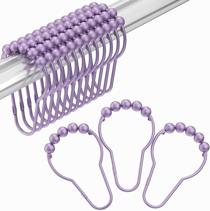 Amazer Shower Curtain Hooks, Rust Resistant Purple Shower Curtain Hooks for Bathroom, Stainless Steel Glide Shower Hooks Hangers for Bathroom Shower Rods Curtains, Set of 12 Hooks, Greyish-Purple