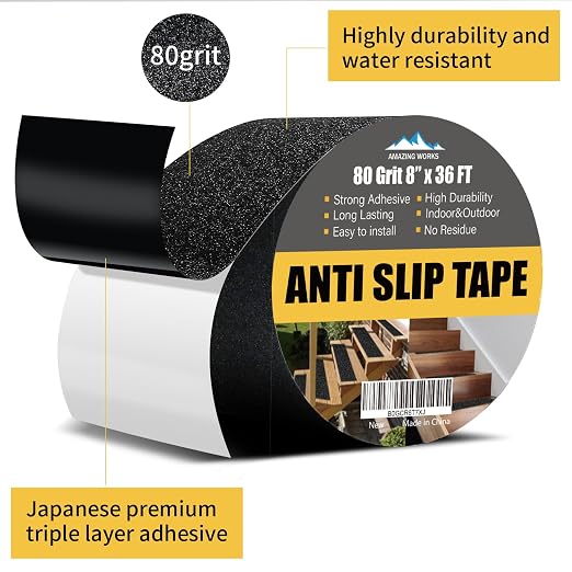 Grip Tape - Heavy Duty Anti Slip Tape, Grip Tape Grit Non Slip for Stairs Outdoor/Indoor, Waterproof High Traction Stairs Non Skid Tape, Durable Triple Layer Adhesive (8 Inch x 36 Feet)