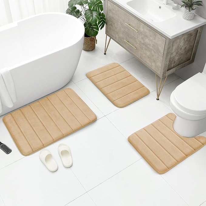 BYSURE Beige Memory Foam Bathroom Rug Set 3 Piece, Non Slip Extra Soft Absorbent Bath Mats, Machine Washable & Dry Toilet Mat Sets for Bathroom Floor