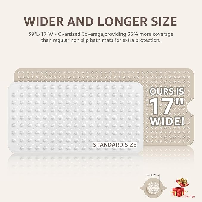 OTHWAY Bath Mat for Tub Non Slip: 39" X 17" Long Bathtub Mat with Hair Catcher│Big Drain Holes Shower Mats for Inside Shower│Machine Washable (Brown)