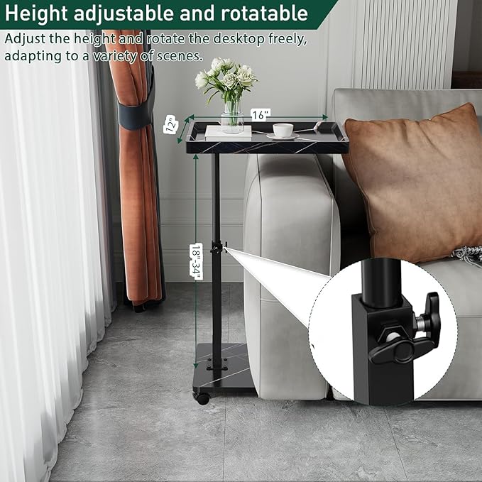 C Table End Table Adjustable Height, 360°Swivel TV Tray Table for Small Spaces, Couch Tables That slide under, C Shaped Side Tables living room and bedroom for Sofa, Bed,Chair, Snack (1, Black)