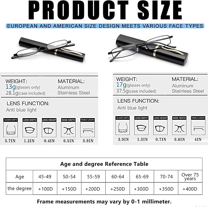 Viseng Slim Mini Metal Reading Glasses Compact Lightweight Portable Readers with Glasses Case for Reading Case,Black+Black+3.0