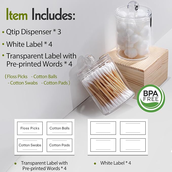 AOZITA 3 Pack Acrylic Qtip Holder Dispenser for Cotton Swab, Ball, Round Pads, Floss Picks - 10 oz Clear Plastic Apothecary Jar Set for Bathroom Canister Storage Organization, Vanity Makeup Organizer