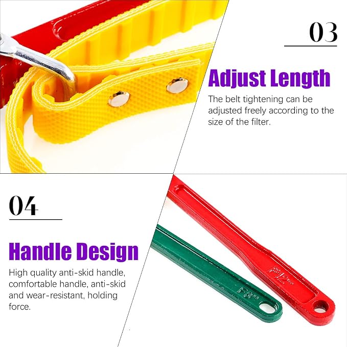 Swpeet 2 Pack Multi-Purpose Adjustable Belt Strap Wrench 12"(300mm) and 7.8"(200mm) Steel Handle Adjustable Strap Filter Opener Wrench for Opening Filter, Pipe and Tin - Red and Green