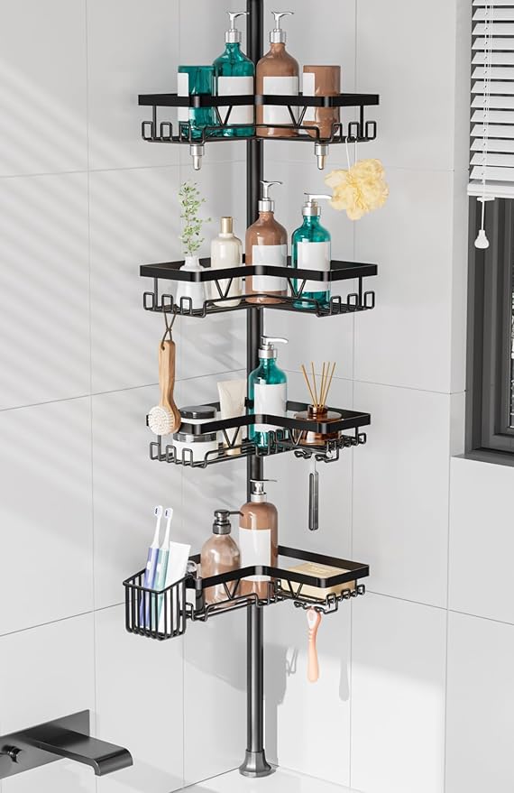 KEGII Shower Caddy Corner Tension Pole with Toothbrush Holder - Adjustable Corner Shower Organizer with Tooth Brush Holder, No Drilling Rustproof Bathroom Shelf Storage Rack, Fits 25-114.2 Inch