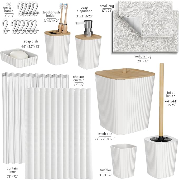 Clara Clark Bathroom Accessories Set - Bathroom Set, Bathroom Sets with Shower Curtain and Rugs, Shower Curtain Set with Bathroom Trash Can - White - 22PC