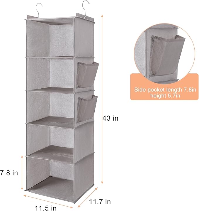 BOOMIBOO Hanging Closet Organize and Shelves，5-Hanging Shelf with 2 Side Pockets，Storage Foldable （Light Grey）