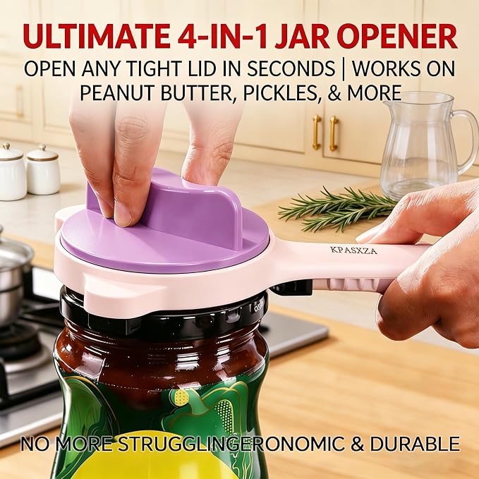 Jar Opener for Weak Hands,4 in 1 Multi-Purpose Jar Openers,Adjustable Jar Opener,Multi-Functional Bottle Openers with Non-Slip Grip for Wine Bottle,Perfect for Arthritis and Weak Hands (Purple)