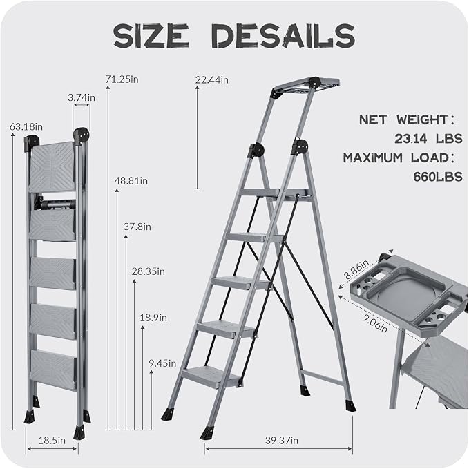 XinSunho 5 Step Ladder, Foldable Step Stool Ladder with Handrails & Tray, 660 lbs Heavy Duty Wide Pedals, Sturdy Steel Folding Ladder for Kitchen, Home, and Household Use (Silver, 5 Step)