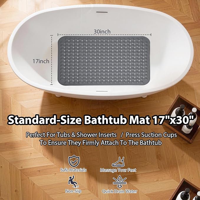 Grey Bathtub Mat Shower Mat Non Slip 17x30 Inch Standard Size, Soft Bubble Bath Tub Mat Shower Mats for Inside Shower Bathroom Floor Mat with Big Suction Cups & Drain Holes, BPA-Free