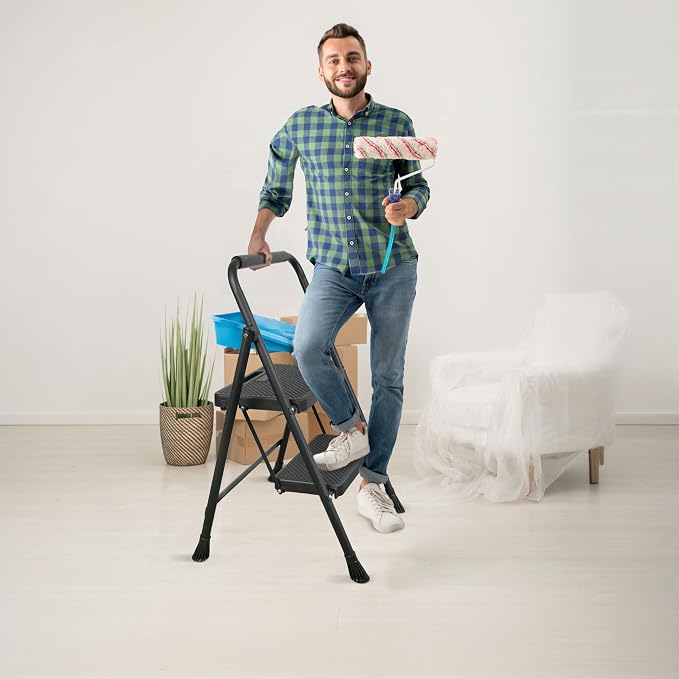 Arbusb Step Ladder, Folding Step Stool with Wide Anti-Slip Pedals, Sturdy Steel Ladder with Handrail, Space-Saving, Portable for Home & Adults, 2 Step Ladder