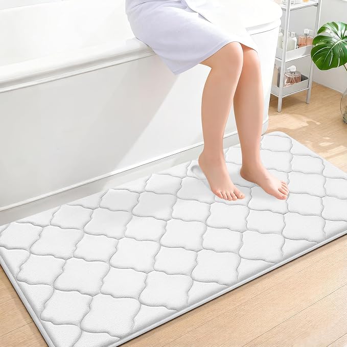 OLANLY Memory Foam Bath Mat Rug 47x24, Ultra Soft and Absorbent Bathroom Rugs, Non-Slip, Comfortable, Machine Washable Bath Carpet for Bathroom Floor, Tub, Shower and Home Decor Accessories, White