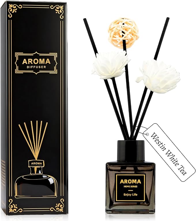 Black Glass Bottle Scent Diffuser, 1.7 oz Reed Diffuser with Sticks, Home Fragrance for Bookshelf, Bedroom Vanity, Office Desk & Bathroom Decor, Air Freshener for Aesthetic Room Decor (White Tea)