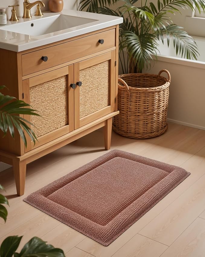 DEXI Memory Foam Bath Mat 32x20, Soft Absorbent Chenille Bathroom Rug, Non Slip Quick Dry Bath Mats for Bathroom, Thick Plush Floor Carpet for Tub Shower, Sink, Shrimp Red