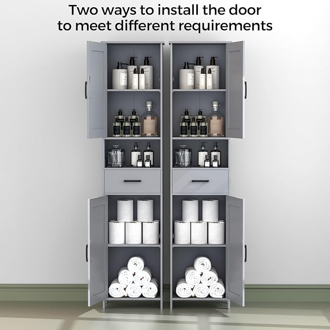 Homhedy 67" H Tall Bathroom Storage Cabinet with 2 Barn Doors and 1 Drawer, Narrow Storage Unit, Adjustable Shelves, Floor Cabinet for Bathroom, Living Room, Entryway, Kitchen, Gray, (15.7" W)