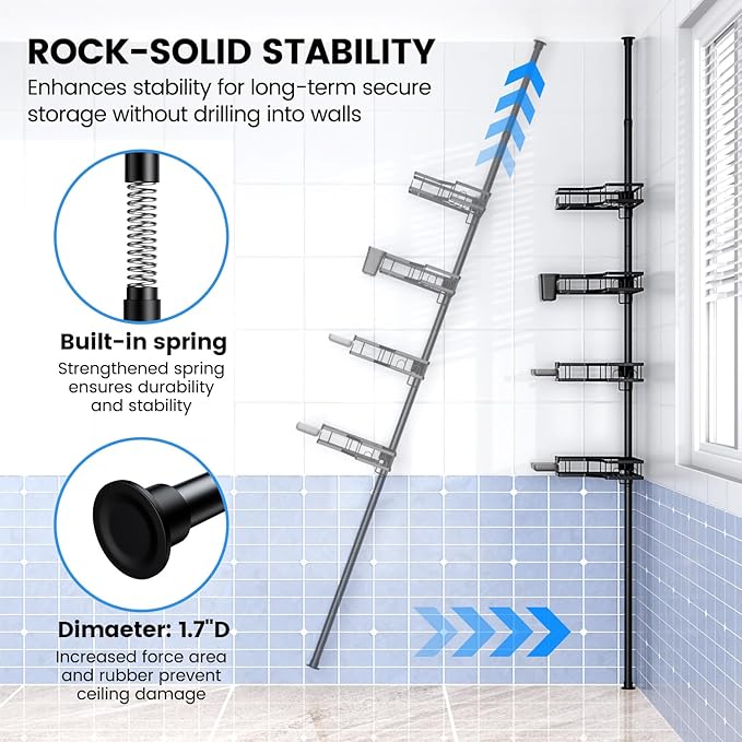 Corner Shower Caddy Tension Pole: 4-Tier Adjustable Rustproof Bathroom Organizer Shelves - No-Drill Bathtub Shampoo Rack Standing Shower Caddy for Renters, Apartment & Family Bathroom 31-124 inch